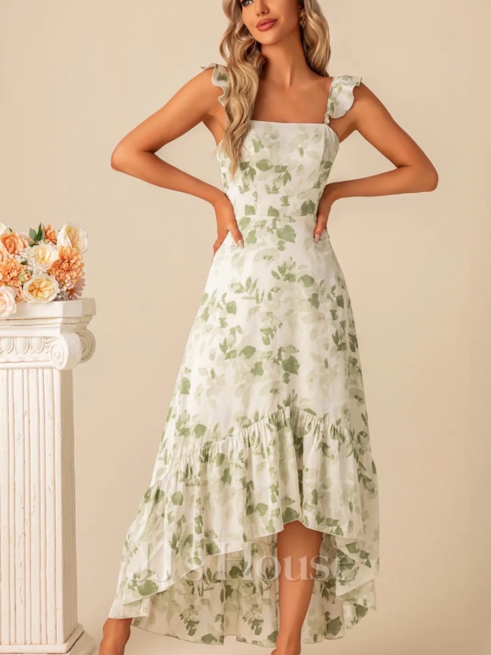 JJs House Green and Cream Floral High-Low Dress